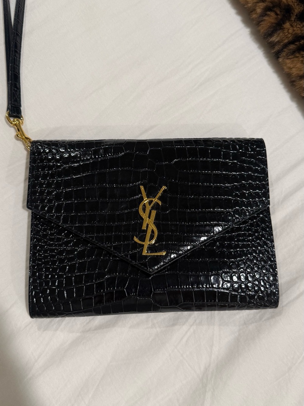 Saint Laurent Black Croc-Embossed Envelope Wristlet with Gold YSL